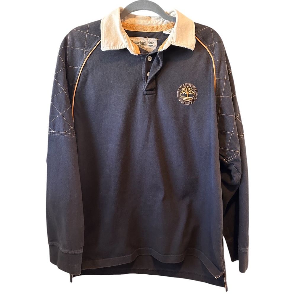 Timberland Polo Shirt Brown Gold Tan Rugby Embroidered Mens L Long Sleeve Cotton
